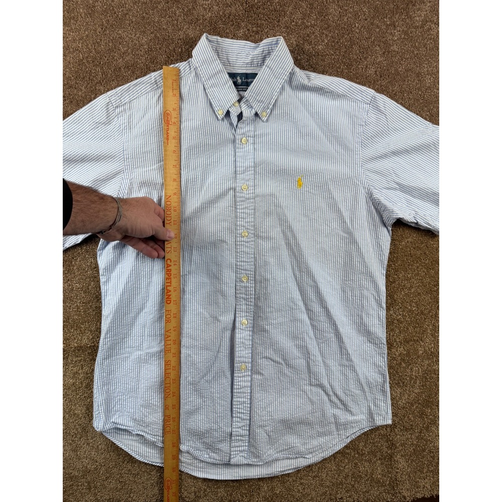 Ralph Lauren Mens Large Classic Fit Seersucker Short Sleeve Striped Shirt Blue - Picture 5 of 9